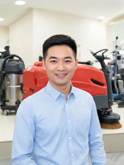 Product advisor in cleaning equipment showroom