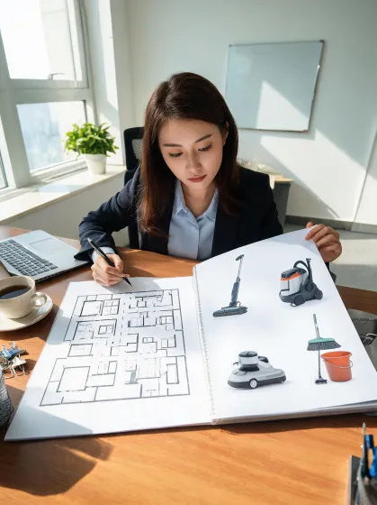 Facility coordinator reviewing floor plan