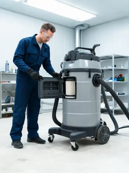 Service technician checking industrial vacuum filter