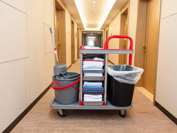 Commercial cleaning trolley with organized supplies