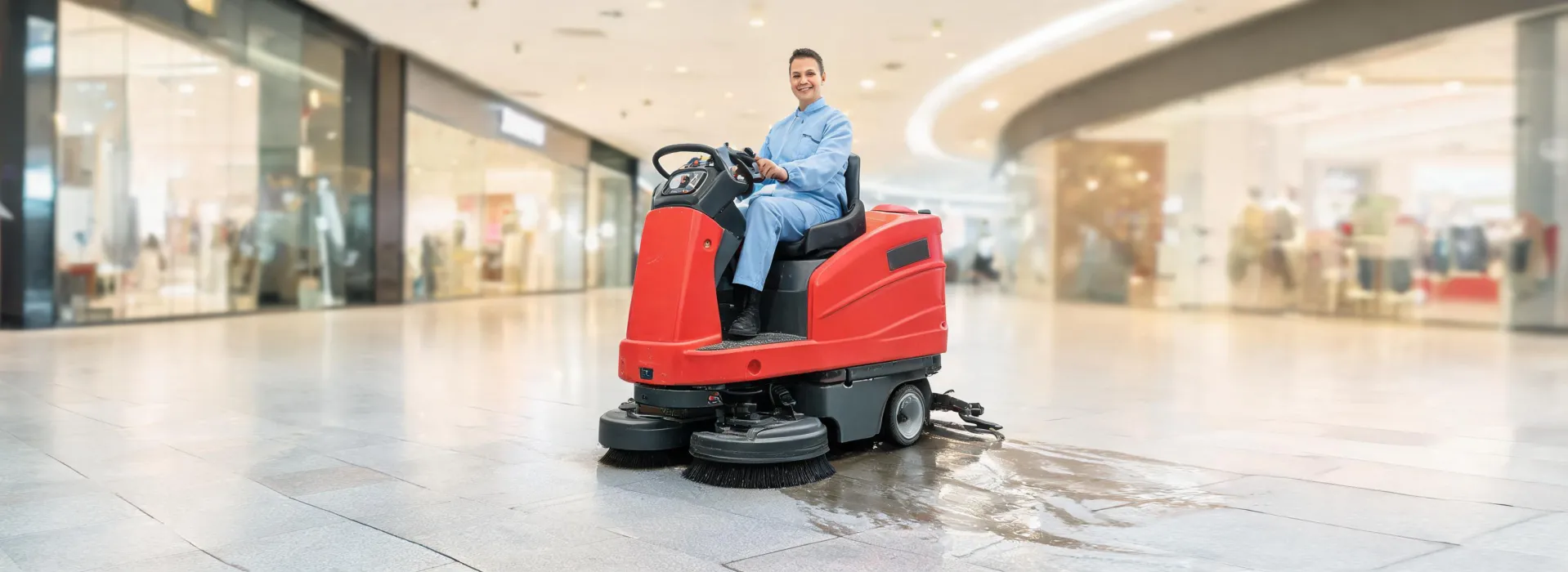 Numatic scrubber dryer cleaning a bright retail concourse