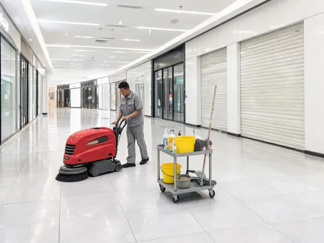 Retail concourse cleaning with compact equipment