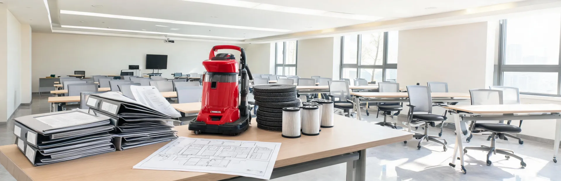 Numatic resource desk with floor care manuals and equipment